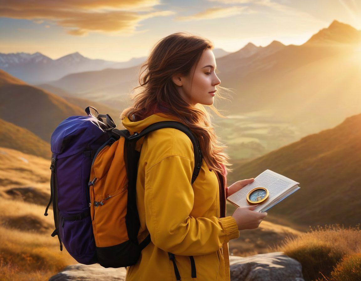 A confident woman standing atop a scenic mountain, overlooking a vast landscape bathed in golden sunlight. She holds a compass in one hand, symbolizing direction and independence, while her hair flows gently in the wind. Surrounding her are symbols of empowerment: books, a backpack, and a journal, representing self-discovery and adventure. The sky is a vibrant blend of colors, portraying a sense of freedom and possibility. vibrant colors. super-realistic.