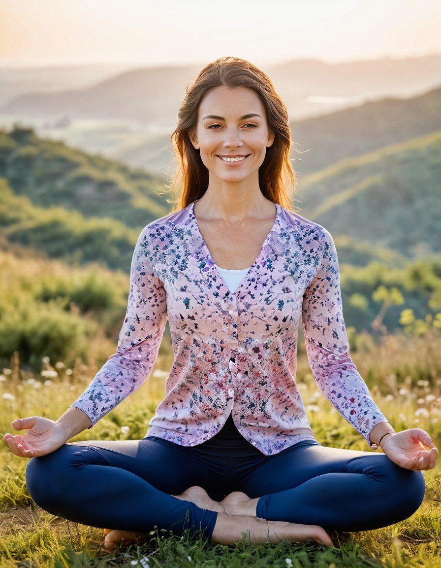 A confident independent woman surrounded by nature, practicing mindfulness through yoga on a serene hilltop at sunrise. She radiates authenticity with a bright smile, floral patterns on her yoga outfit, and empowering symbols like ‘girl power’ subtly integrated into the background. The atmosphere is calm and inviting, with soft pastel colors blending into the morning sky. nature-inspired elements, such as wildflowers and gentle breezes, enhance the scene of tranquility and strength. super-realistic. vibrant colors. soft-focus background.