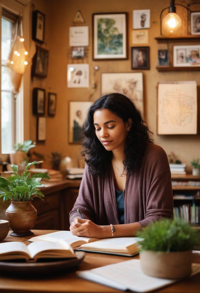 A diverse group of women of different ages and backgrounds sharing their personal stories in a cozy, supportive setting, surrounded by empowering symbols like books, plants, and art. Show one woman writing in a journal, another speaking passionately, and others nodding in encouragement. The atmosphere should be warm and inviting, symbolizing connection and empowerment. Include elements representing independence, such as a globe, freedom symbols, and quotes on the walls. vibrant colors. soft focus.